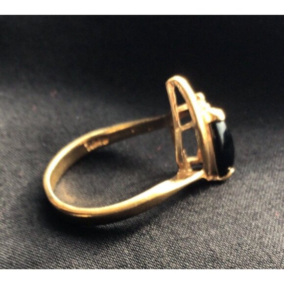Gold Plated Teardrop Black Onyx Obsta Ring With Clear Stone Accent Size 7 - Picture 4 of 7